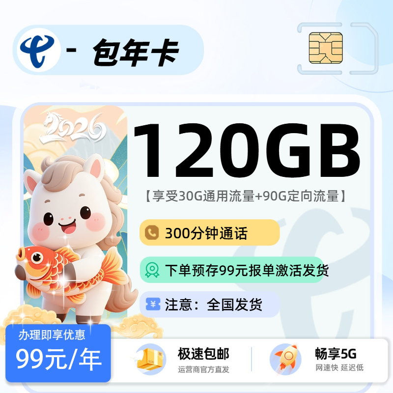1207电信99元包年卡【报单激活发货】：99元/年30G通用+90G定向+300分钟
