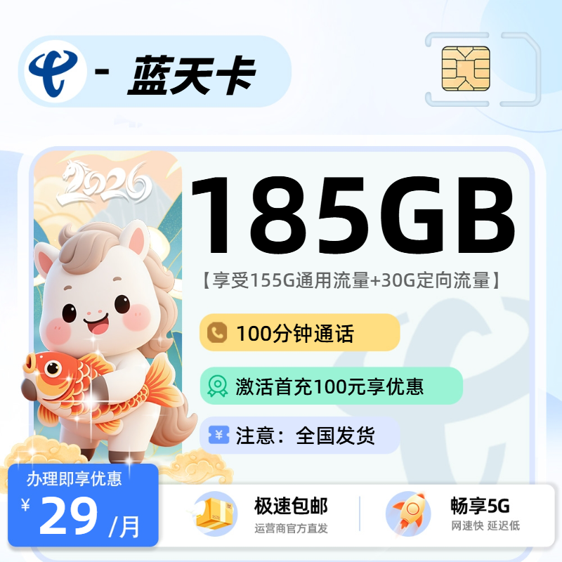 1213电信蓝天卡【发货率超高】：29元155G通用+30G定向+100分钟